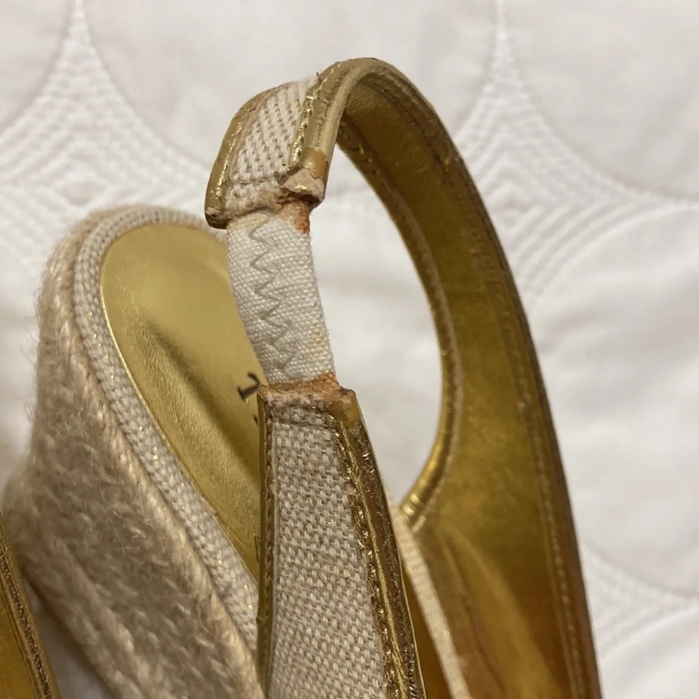 3/$15 Talbots Gold and Beige Espadrilles Peep Toe Wedges, Heels, Sandals 6.5 - Picture 9 of 9